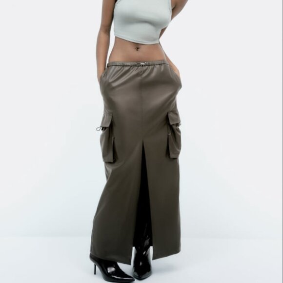 Zara Vegan Leather Cargo Maxi Skirt in Anthracite Gray - Picture 1 of 13